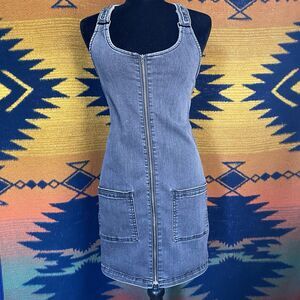 Vintage Y2K Hollister Denim Zip Up Overall Dress. Pockets. Boho. Size Small.